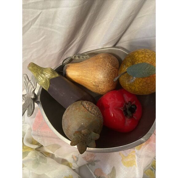Vintage 5 Piece Wooden/Glass/ceramic Vegetable & Fruit Set With Metal Bowl - Picture 3 of 16
